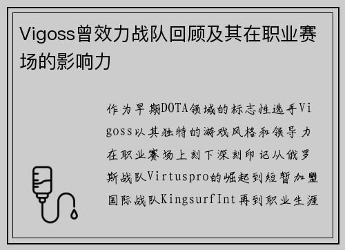 Vigoss曾效力战队回顾及其在职业赛场的影响力